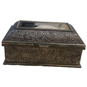 Vintage carved and repousse' silver plated trinket box with trailing floral vine